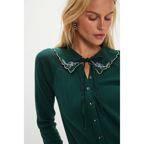 Free People Juniper Long Sleeve Cardi Top Buttondown Embroidered M NEW 284327 - Picture 2 of 7